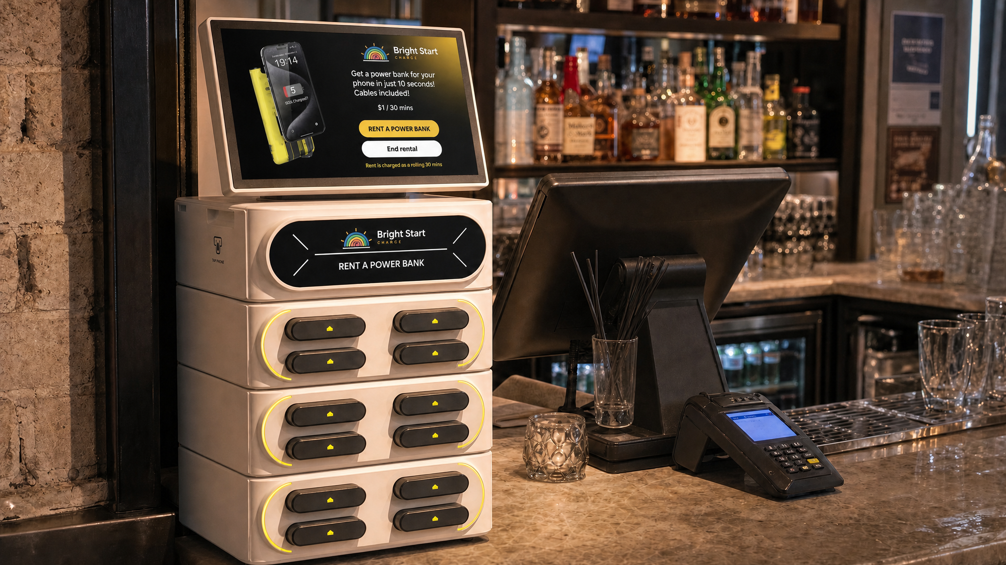 Bright Start Charge station on a bar counter next to the register