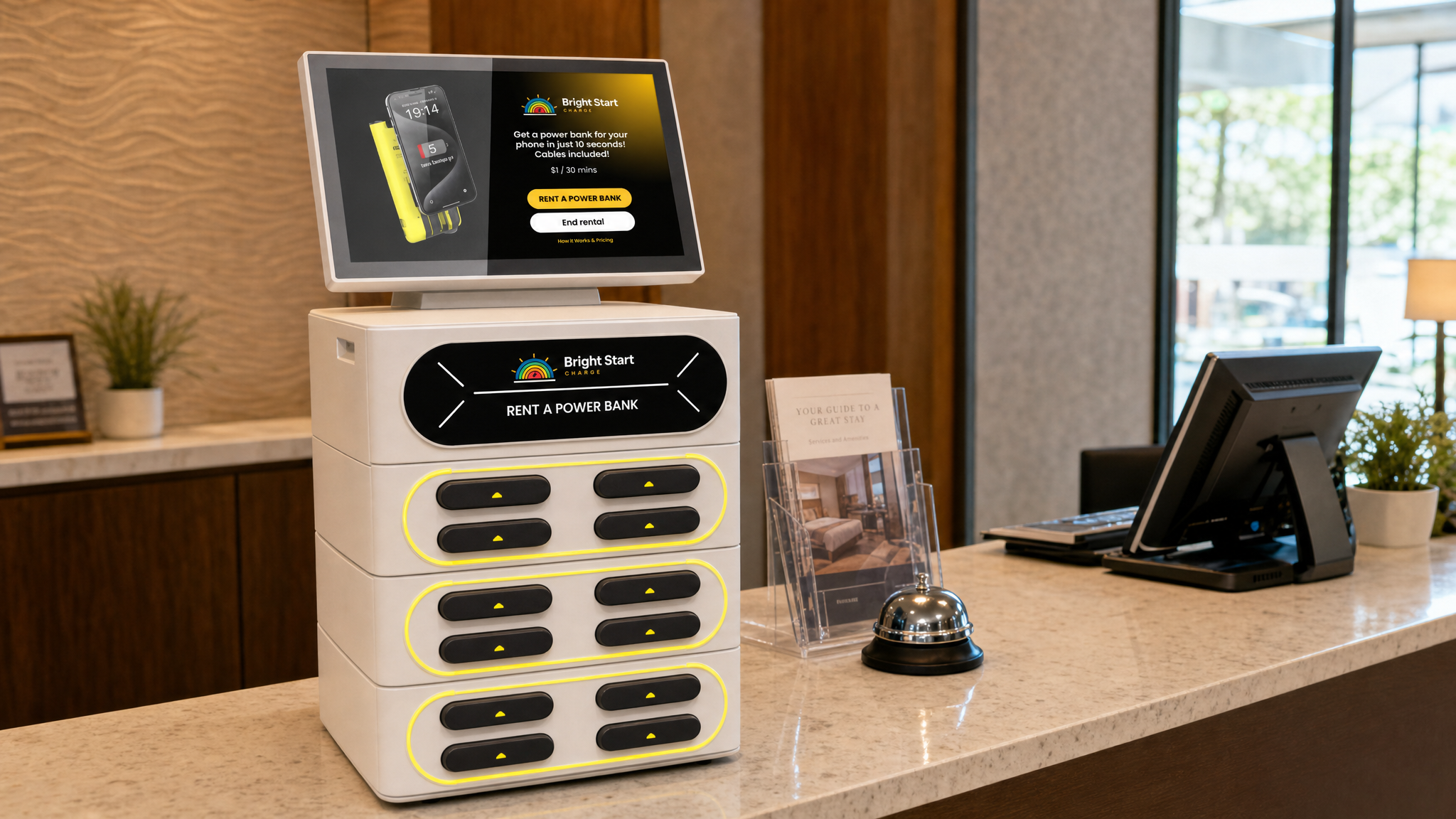 Bright Start Charge station on a hotel front desk